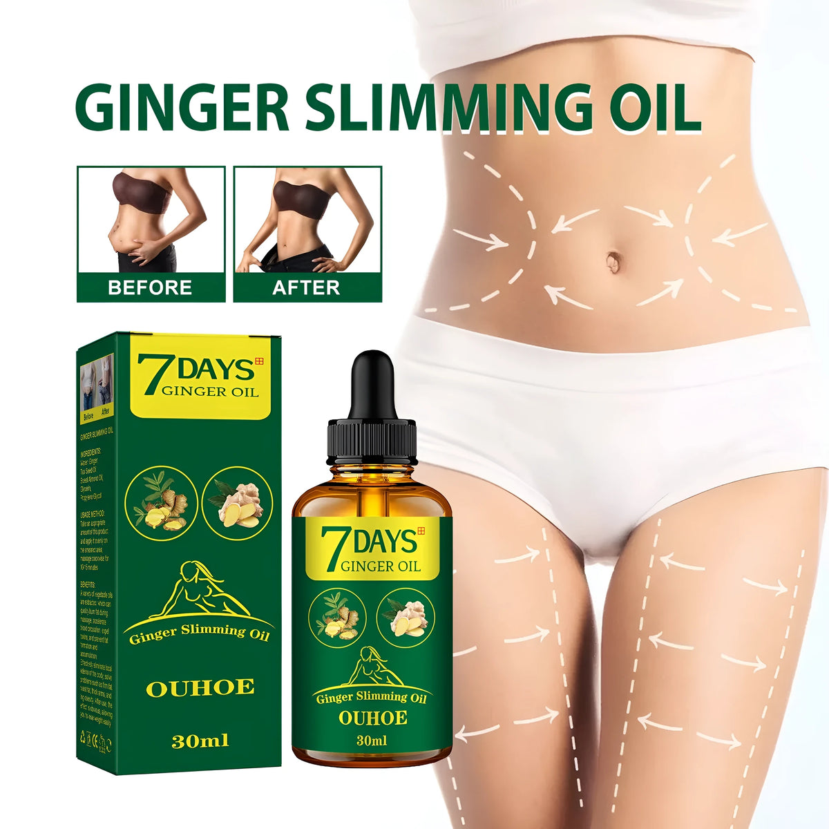 30ml bottle of Ginger Body Shaping Oil for firming thighs and muscles