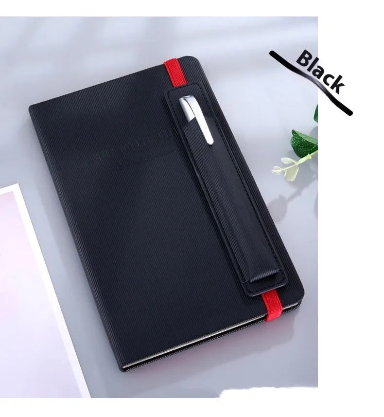 A5 faux leather notebook with pen insert and 200 sheets of 80gsm Dorian paper, shown in a choice of colours.
