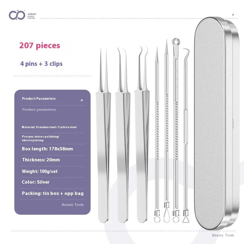 Four silver metal acne needles and a handling clip laid out on a clean surface.