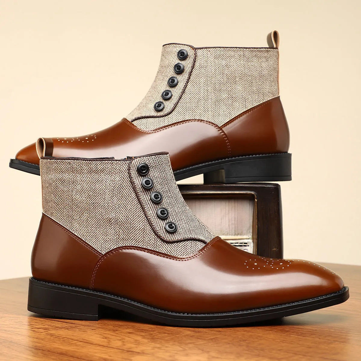Brown and green men's retro formal shoes with side zipper, square toe, and low heel on a rubber sole.