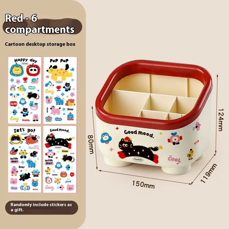 Cartoon-style plastic desktop organiser with grid compartments and labelling stickers for stationery storage
