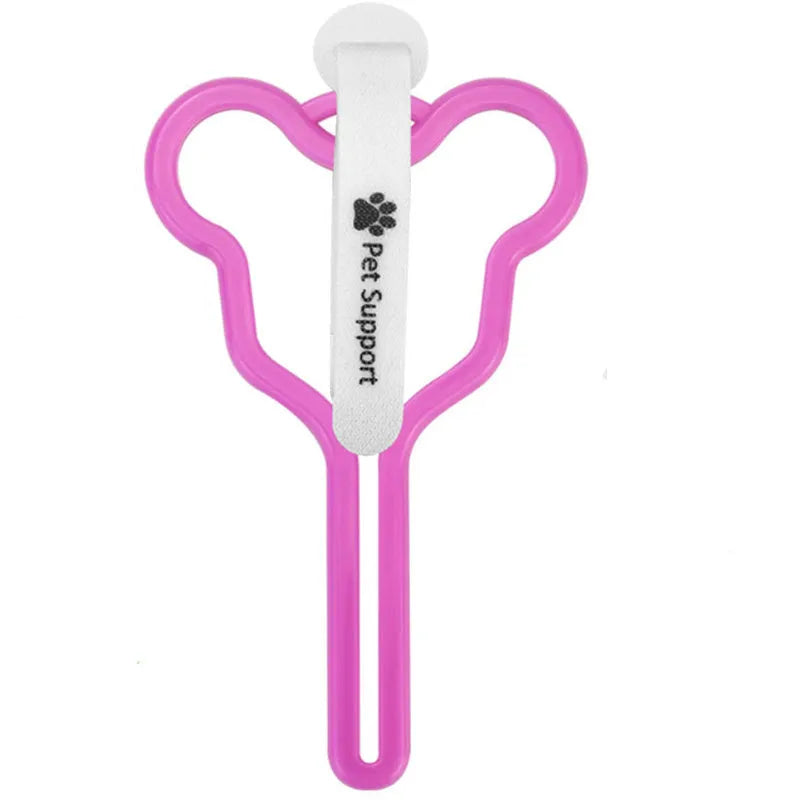 A hands-free dog poo bag holder with a fixed clip and adjustable Velcro strap attached to a dog lead.