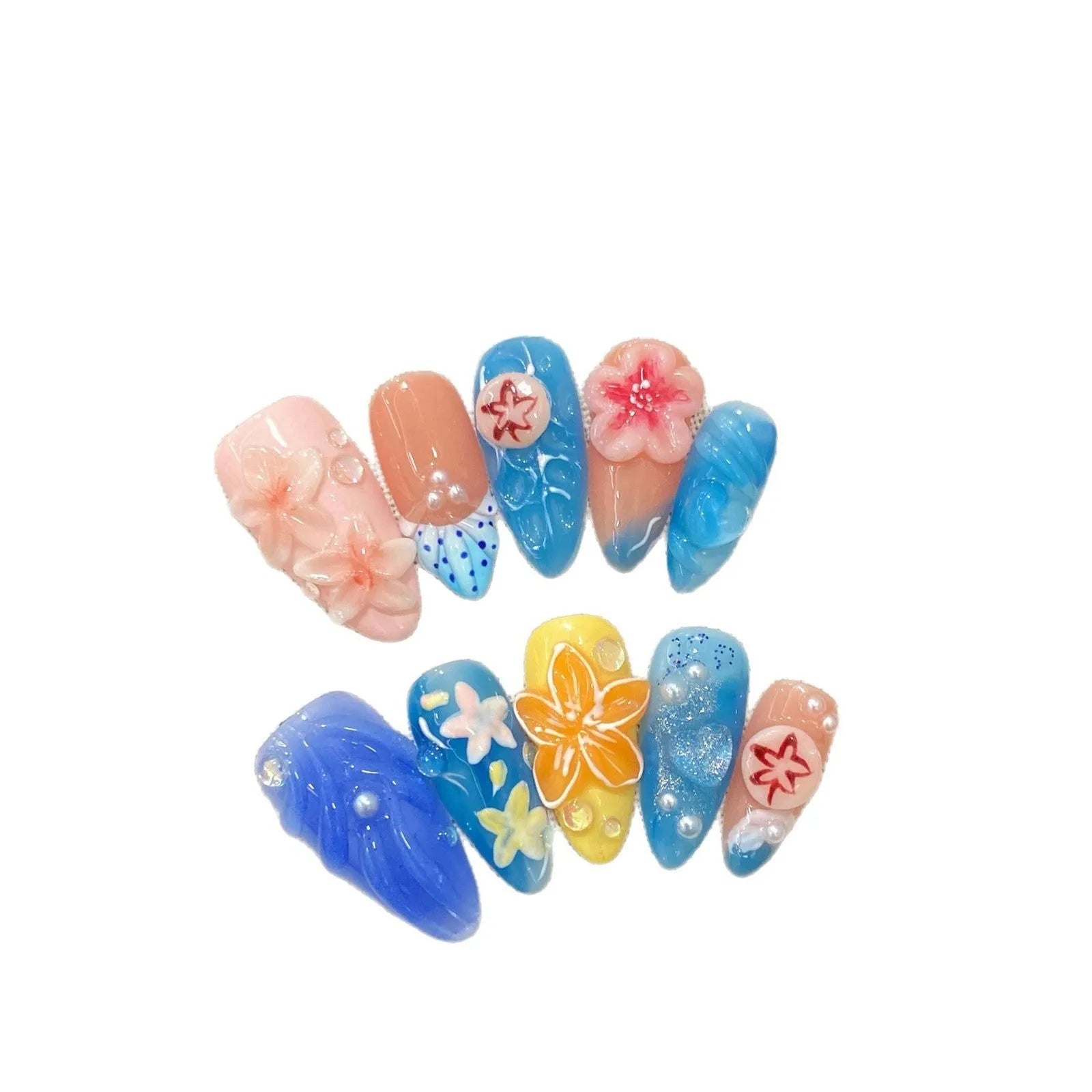 Three-dimensional carved jellyfish design plastic wearable armour set in almond nail colour
