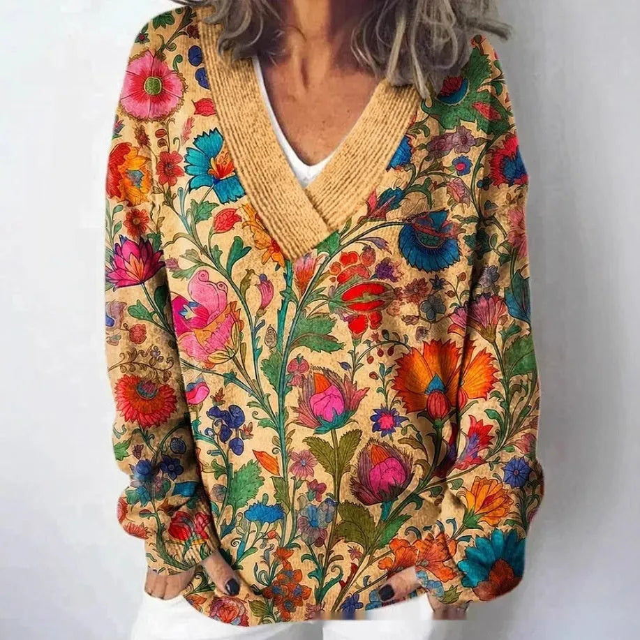 Women's long sleeve floral print sweatshirt with 3D effect in wool woven polyester fabric