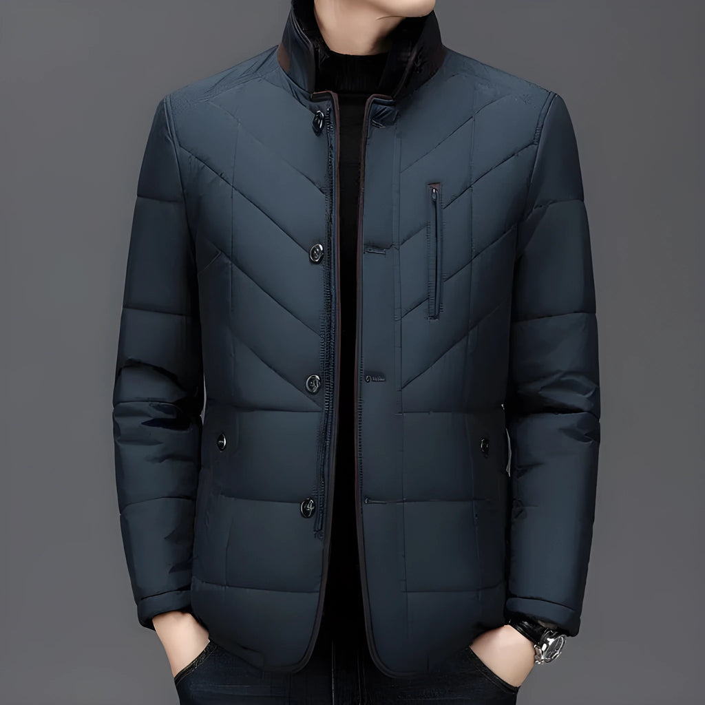 Men's dark blue winter short coat with side pockets and cotton padding.