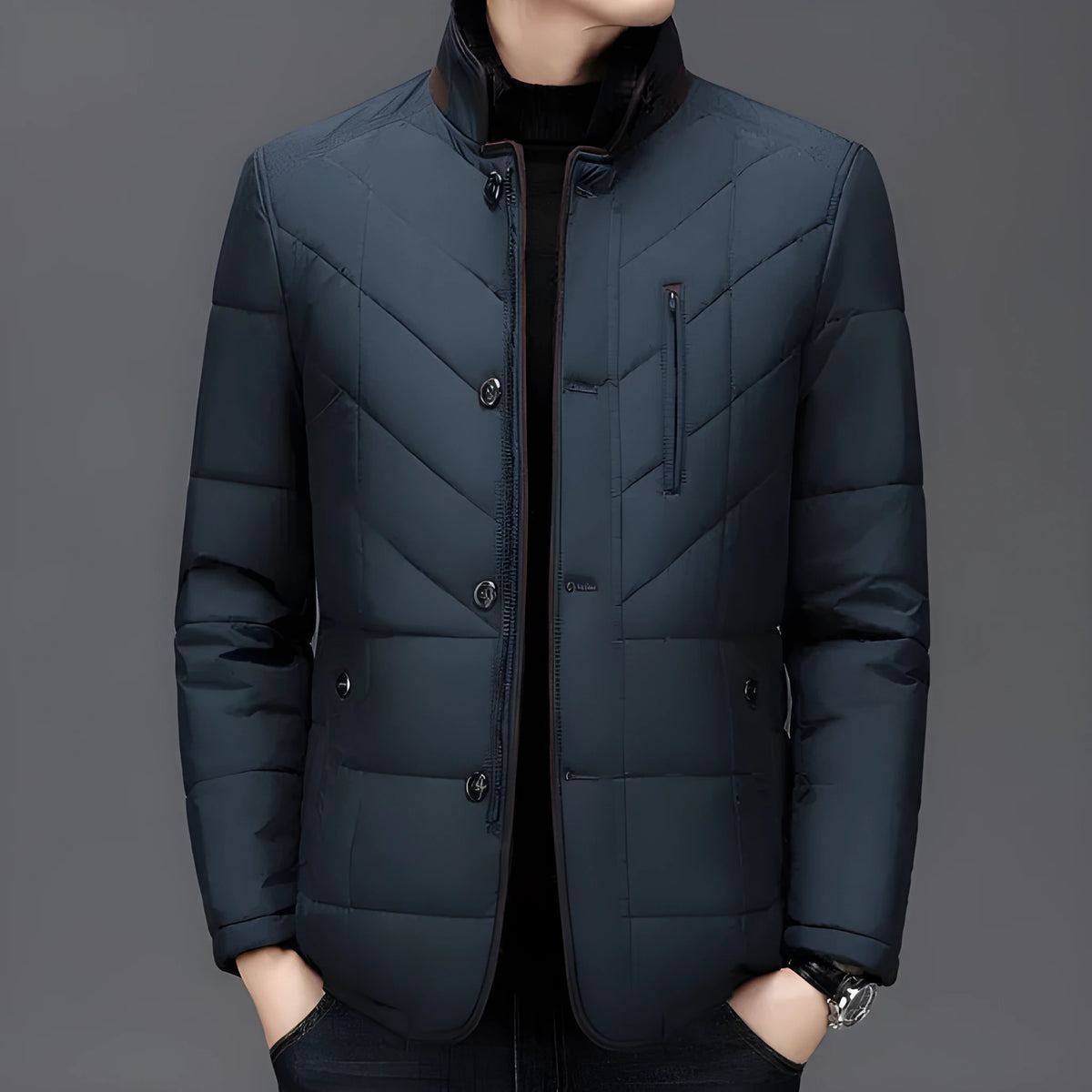 Men's dark blue winter short coat with side pockets and cotton padding.