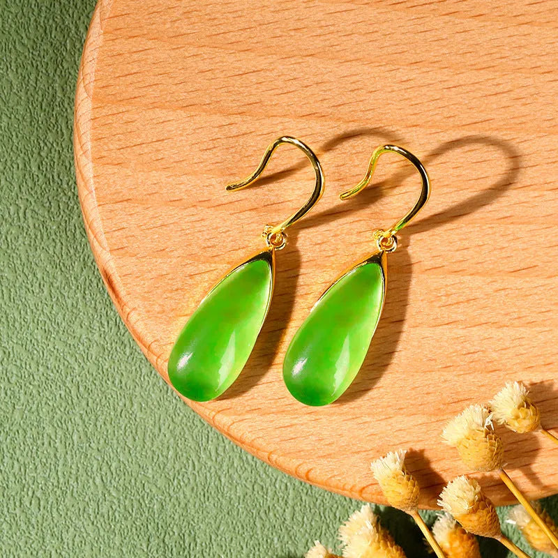 Retro Chinese-style geometric earrings with water droplet elements in CP798 jade colour