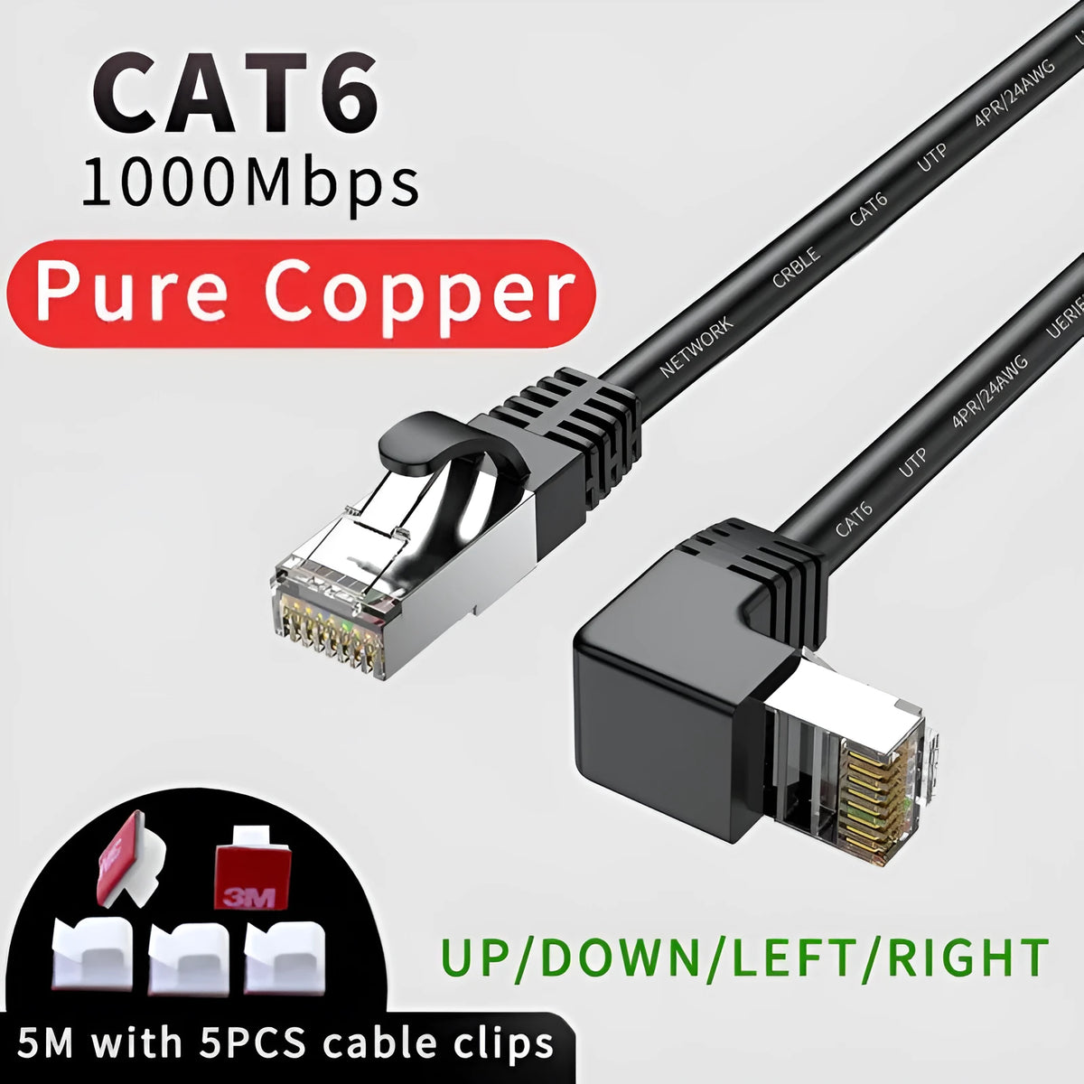 Cat6 Ethernet cable with right-angle metal RJ45 plug in selected colour and length