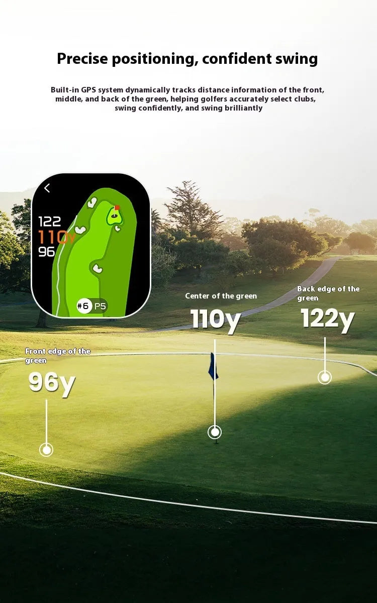 GenePro G1 black GPS golf rangefinder with AMOLED touchscreen displayed with its USB-C cable and storage box.