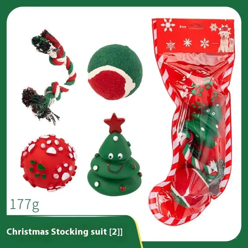 Christmas dog toys vinyl gift sets with bite ropes, tennis balls, Santa heads and festive shapes
