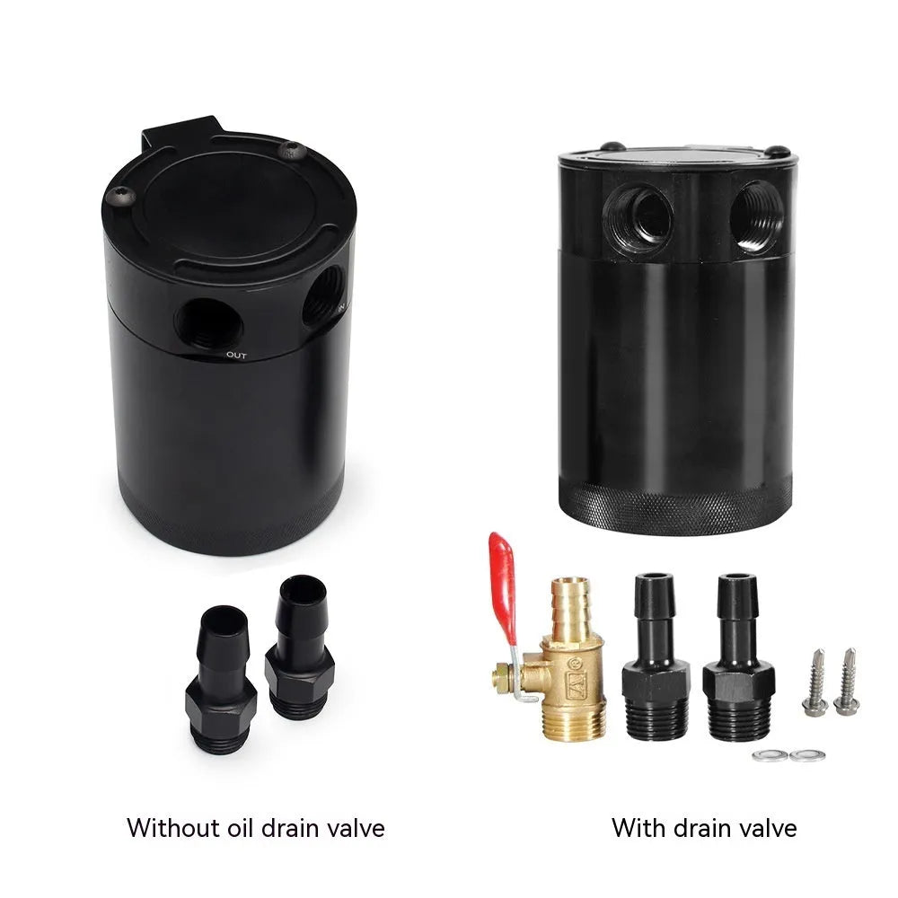 Aluminium automotive oil drain can with ventilation holes and optional drain valve in black or silver finish