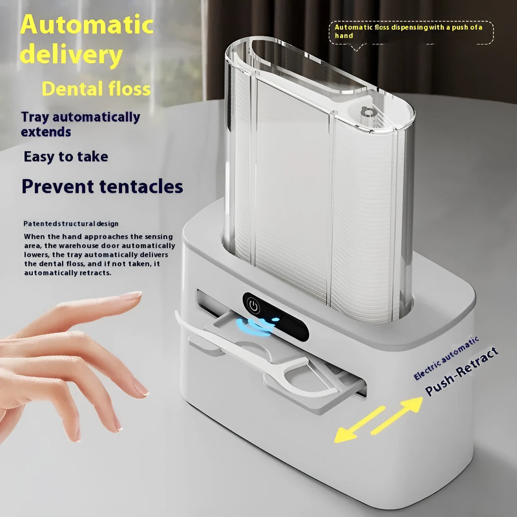 Intelligent induction dental floss box in dark grey colour showing automatic pop-up mechanism with rechargeable battery