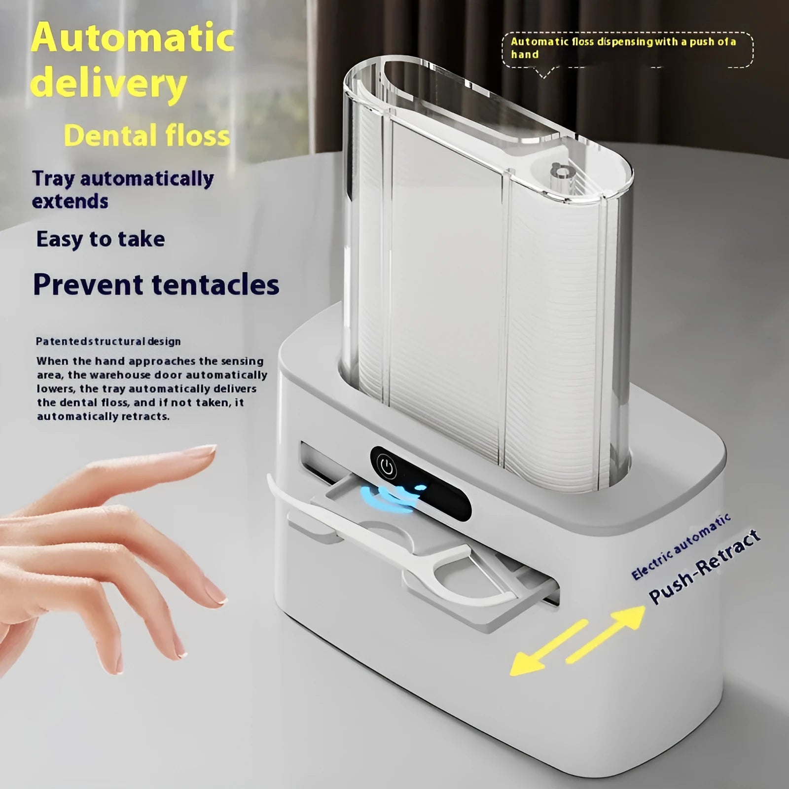 Intelligent induction dental floss box in dark grey colour showing automatic pop-up mechanism with rechargeable battery
