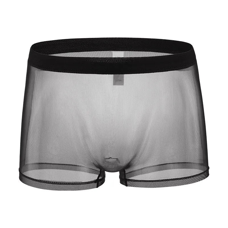 Men's mesh boxer briefs in polyester showing low waist design and breathable construction