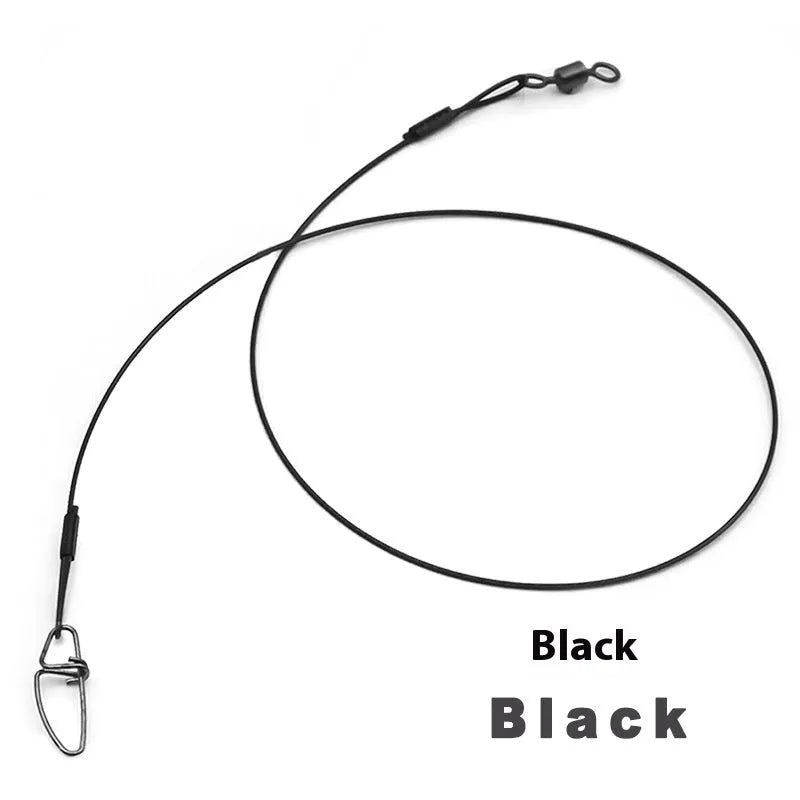 Set of ten green anti-bite steel wire fishing leaders with double buckle pins, each 54cm long.