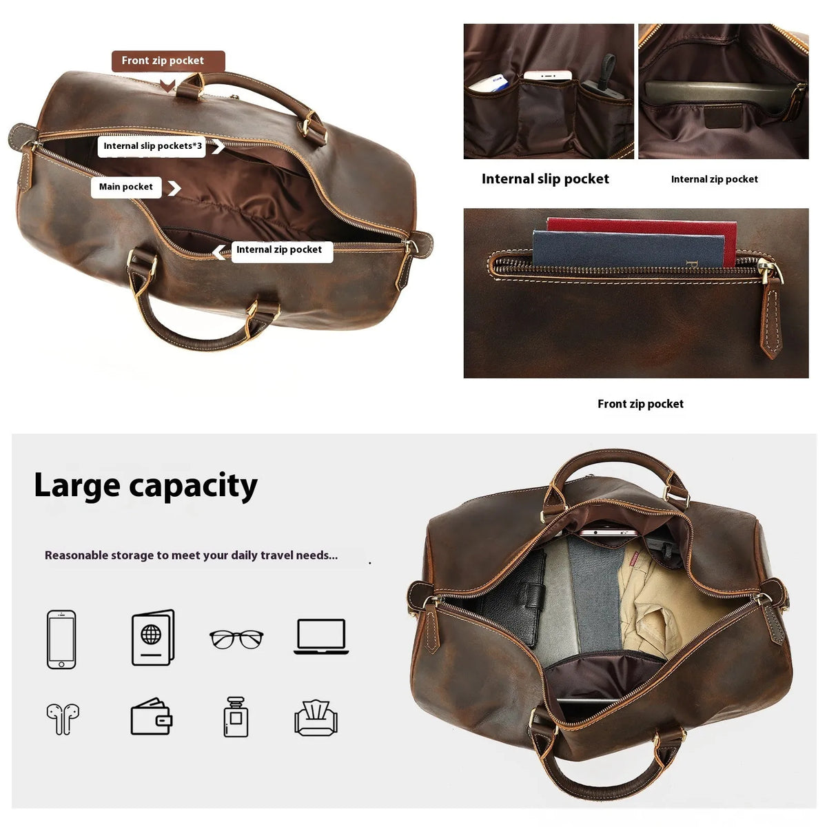 Men's large leather crossbody bag in black with adjustable shoulder strap showing interior polyester cotton lining