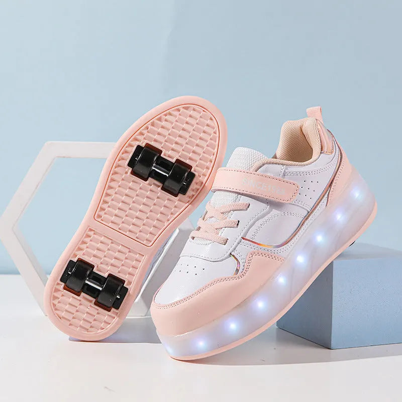 Boys and girls charging LED roller skates in multiple colours with light-up wheels