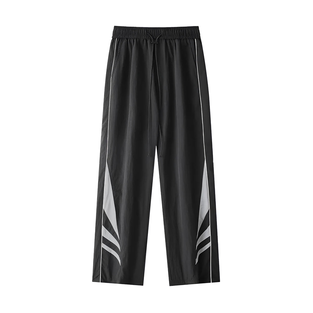 Men's straight-leg casual trousers in grey, showing elastic waistband and thin summer fabric.