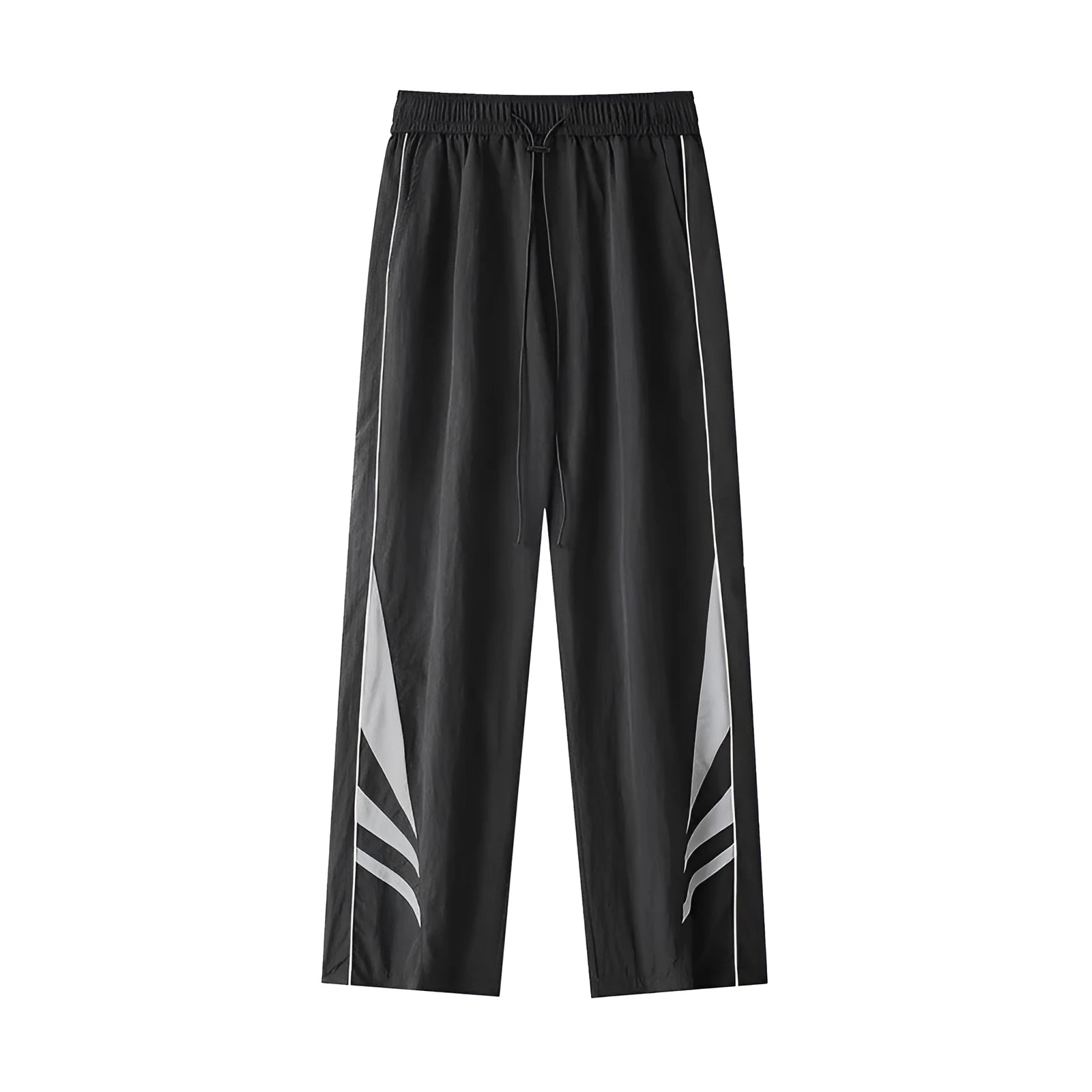 Men's straight-leg casual trousers in grey, showing elastic waistband and thin summer fabric.