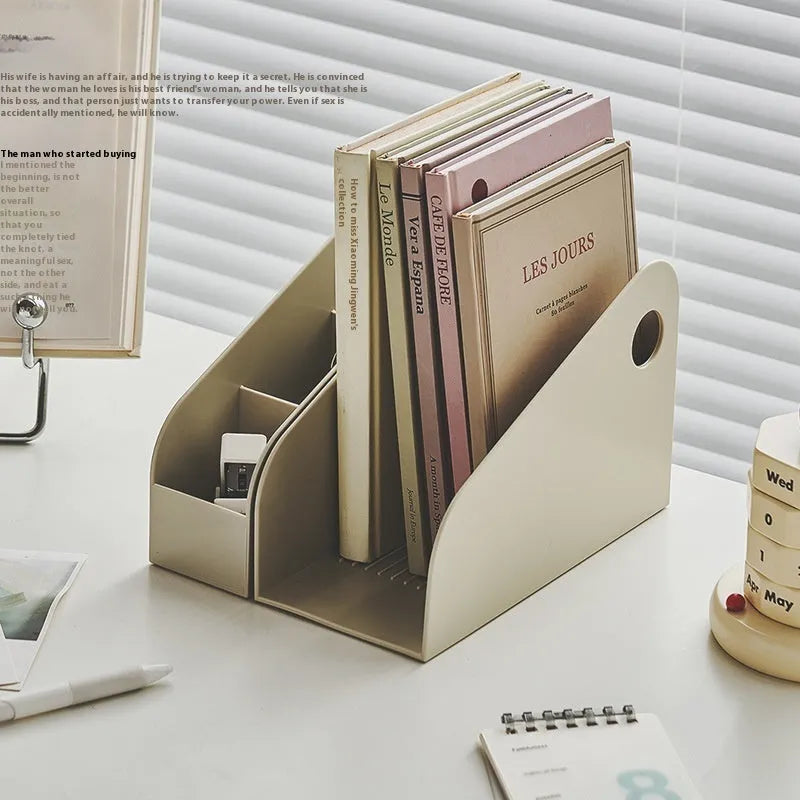 Desktop storage box with two grid compartments in plastic construction showing milk coffee and ivory white colour options