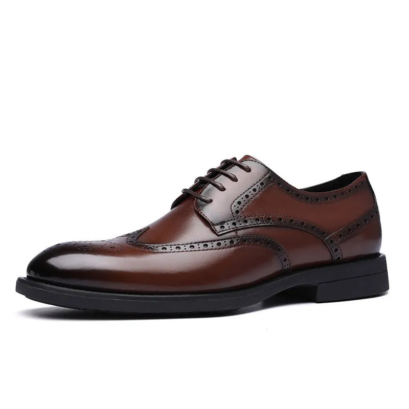 Men's black and brown brogue leather business shoes with traditional perforated detailing