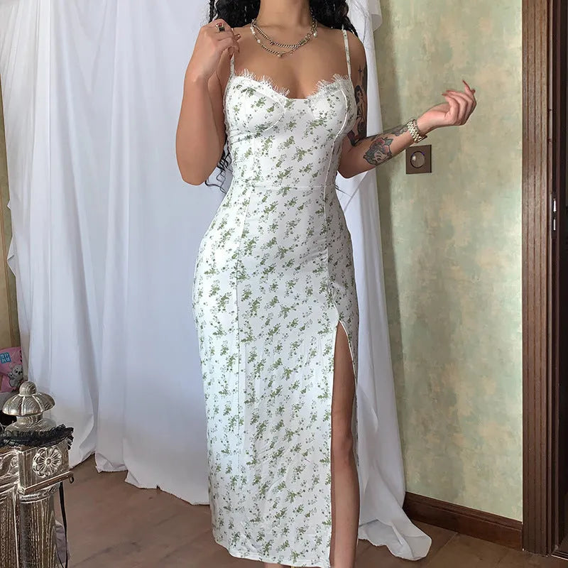 Blue lace floral print long dress with suspender straps and a thigh-high slit