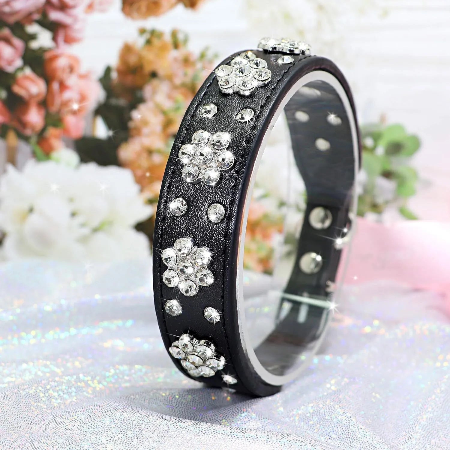 Cute PU leather dog collar with studded rhinestone flower pattern available in multiple colours for small and medium dogs