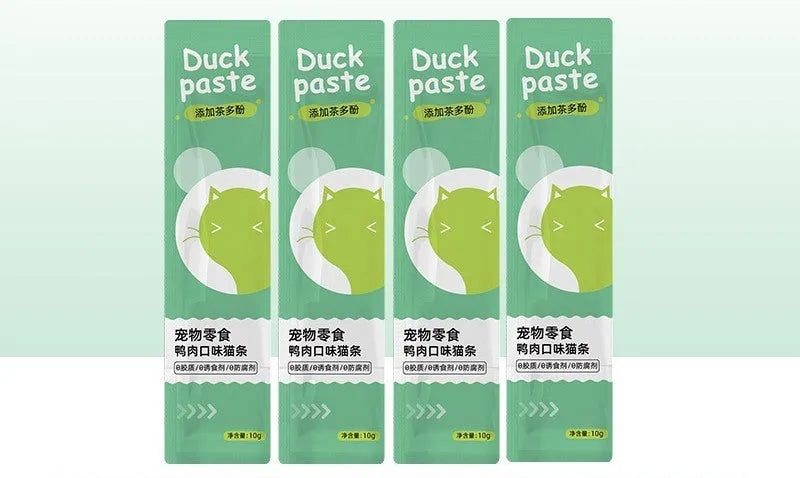 Pack of 10 soft cat snack strips in four flavour varieties: chicken, duck, salmon, and tuna.