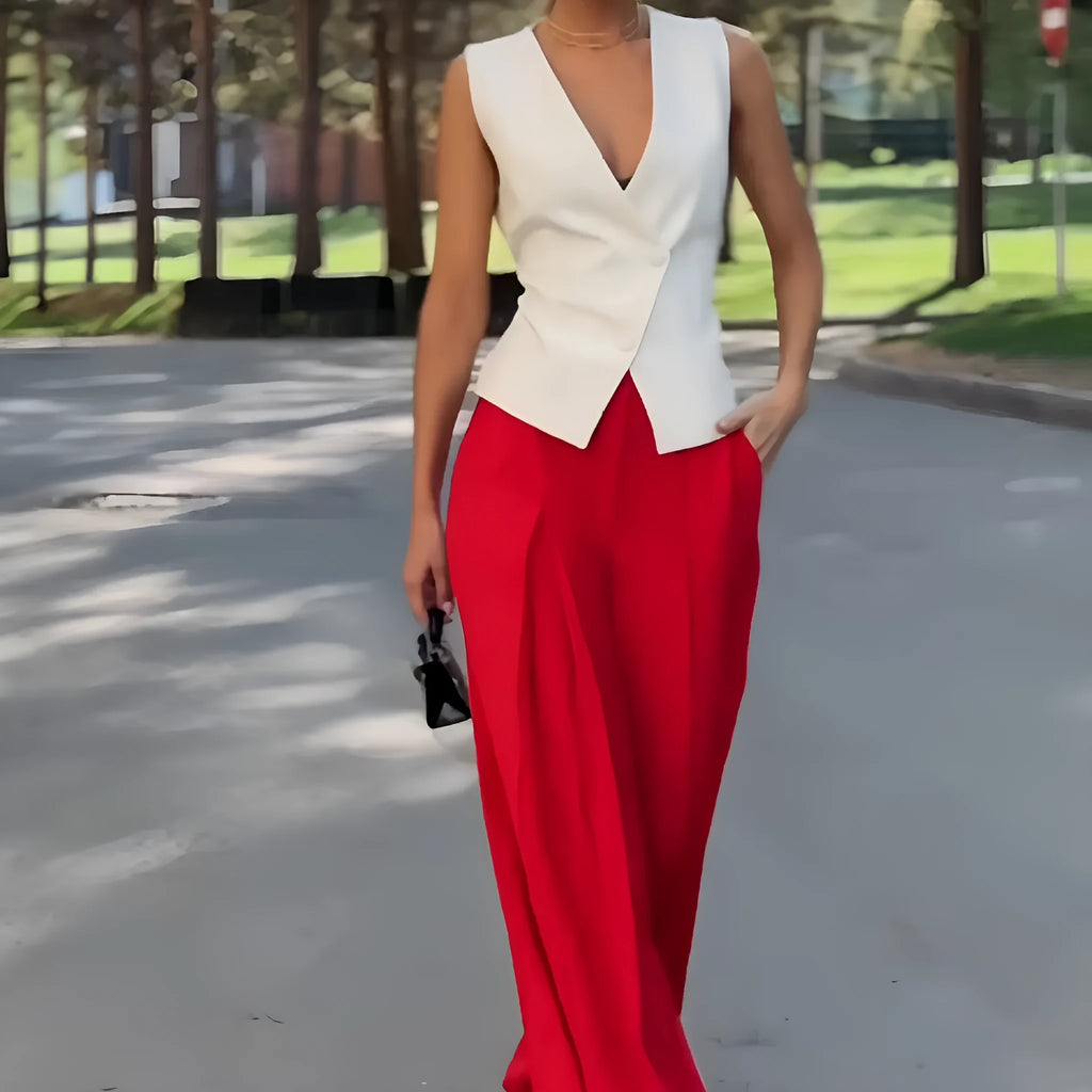 Women's beige deep V-neck sleeveless top and wide leg trousers two-piece set