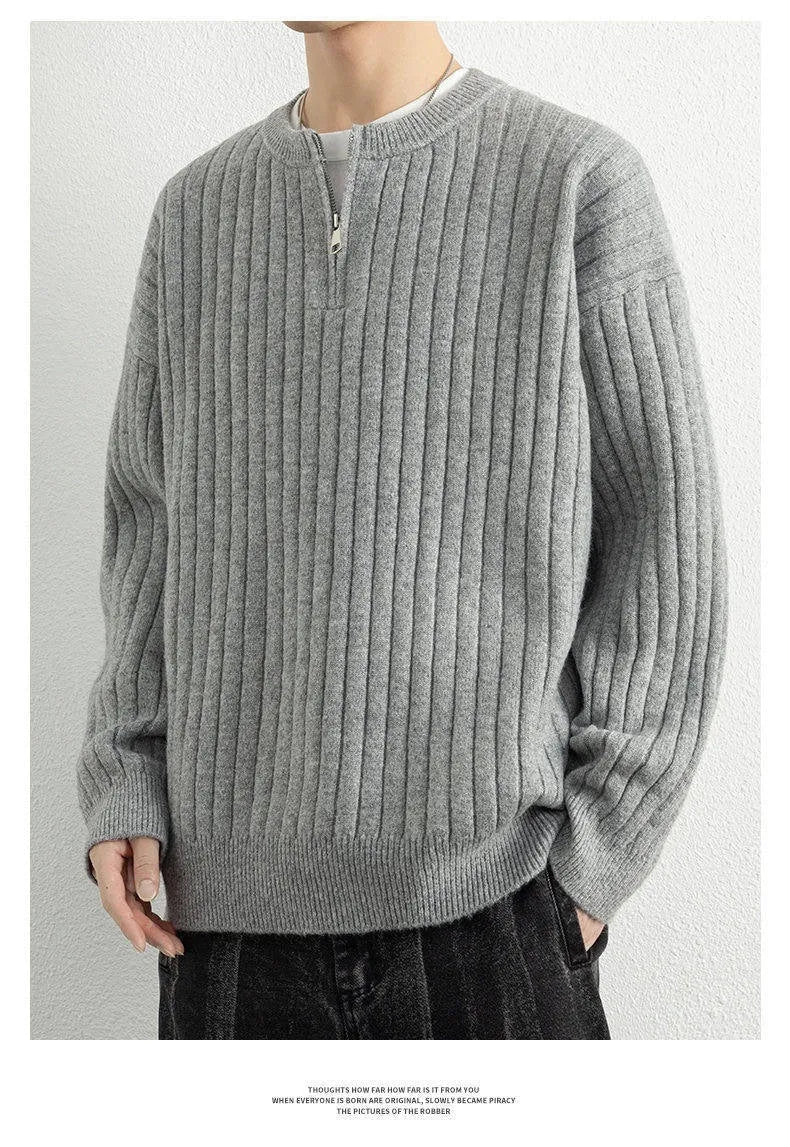 Men's grey half zip textured knit sweater with loose fit and long sleeves