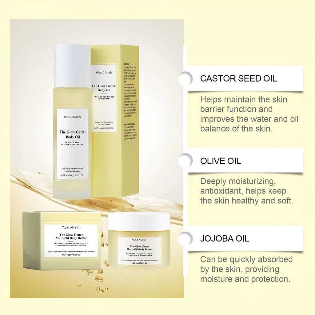 Body care kit with 100g moisturising cream jar and 100ml skincare oil bottle