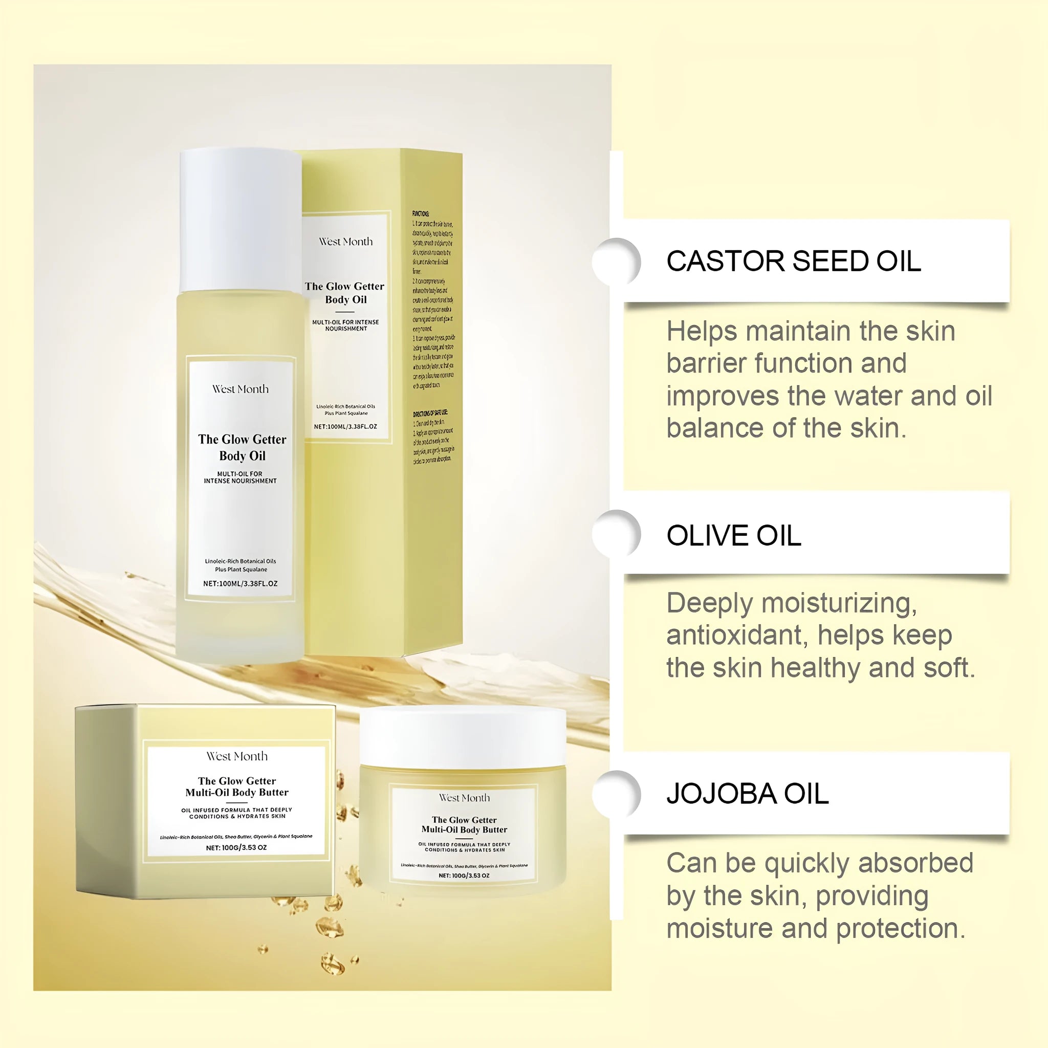 Body care kit with 100g moisturising cream jar and 100ml skincare oil bottle