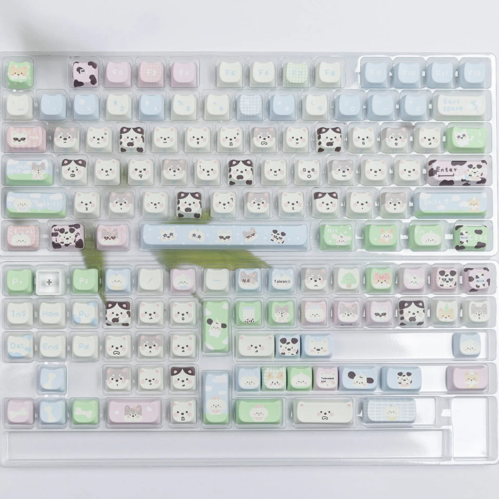PBT sublimation keyboard key cap set with colourful puppy designs on every key