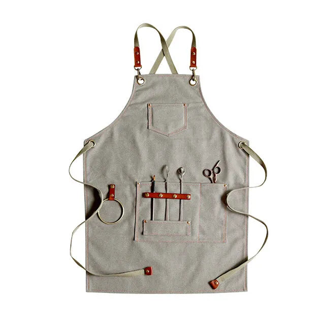 Han style canvas apron with cross-back straps in solid camel colour for cafe baking work