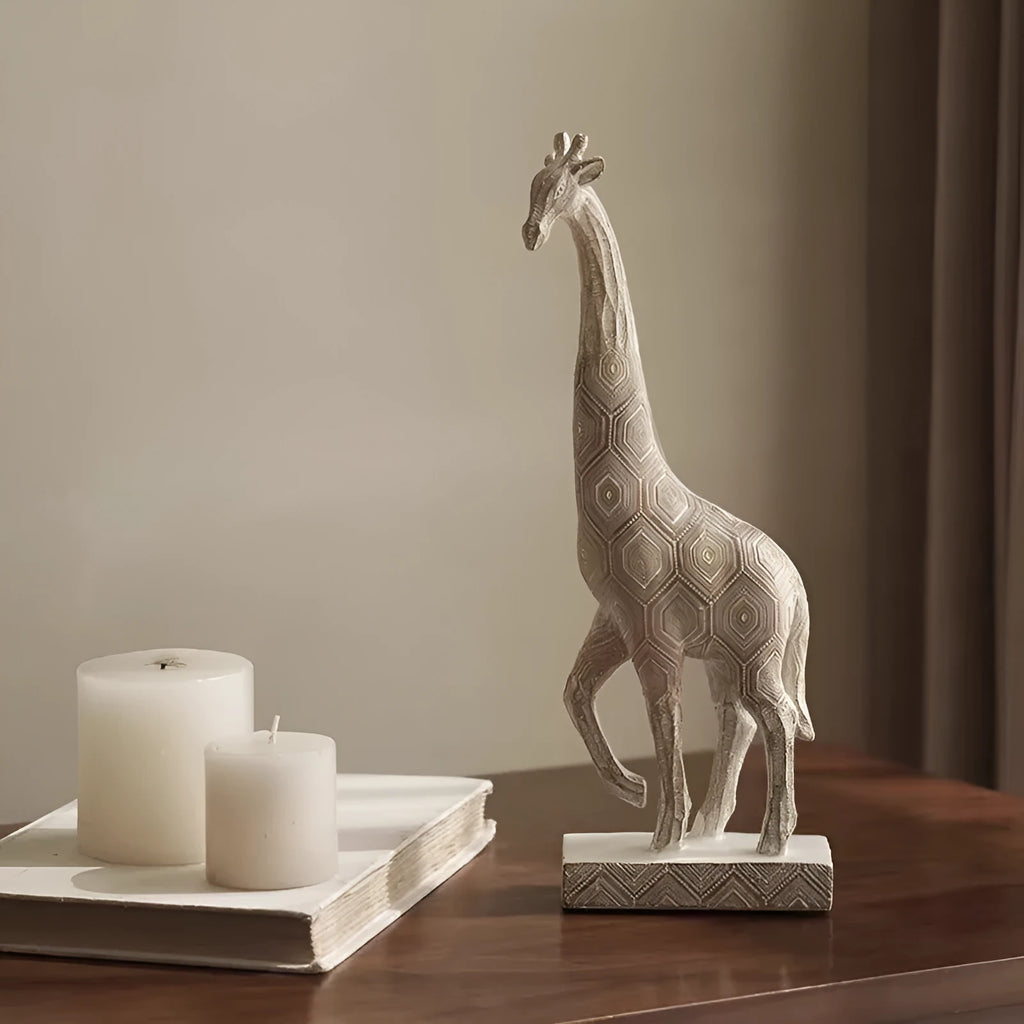 Wood colour synthetic resin giraffe ornament measuring 30.5cm tall on a shelf.