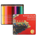 Metal tin box open to show 24 water-soluble coloured pencils in various colours