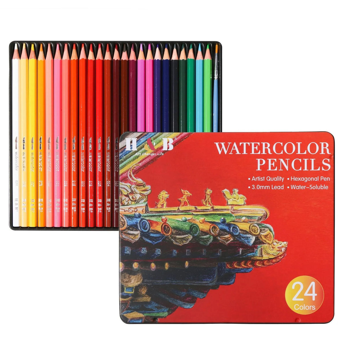 Metal tin box open to show 24 water-soluble coloured pencils in various colours