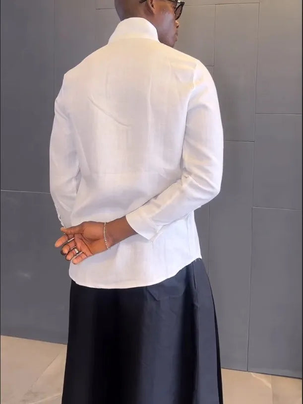 White asymmetric front shirt with black pleated trousers casual co-ord set