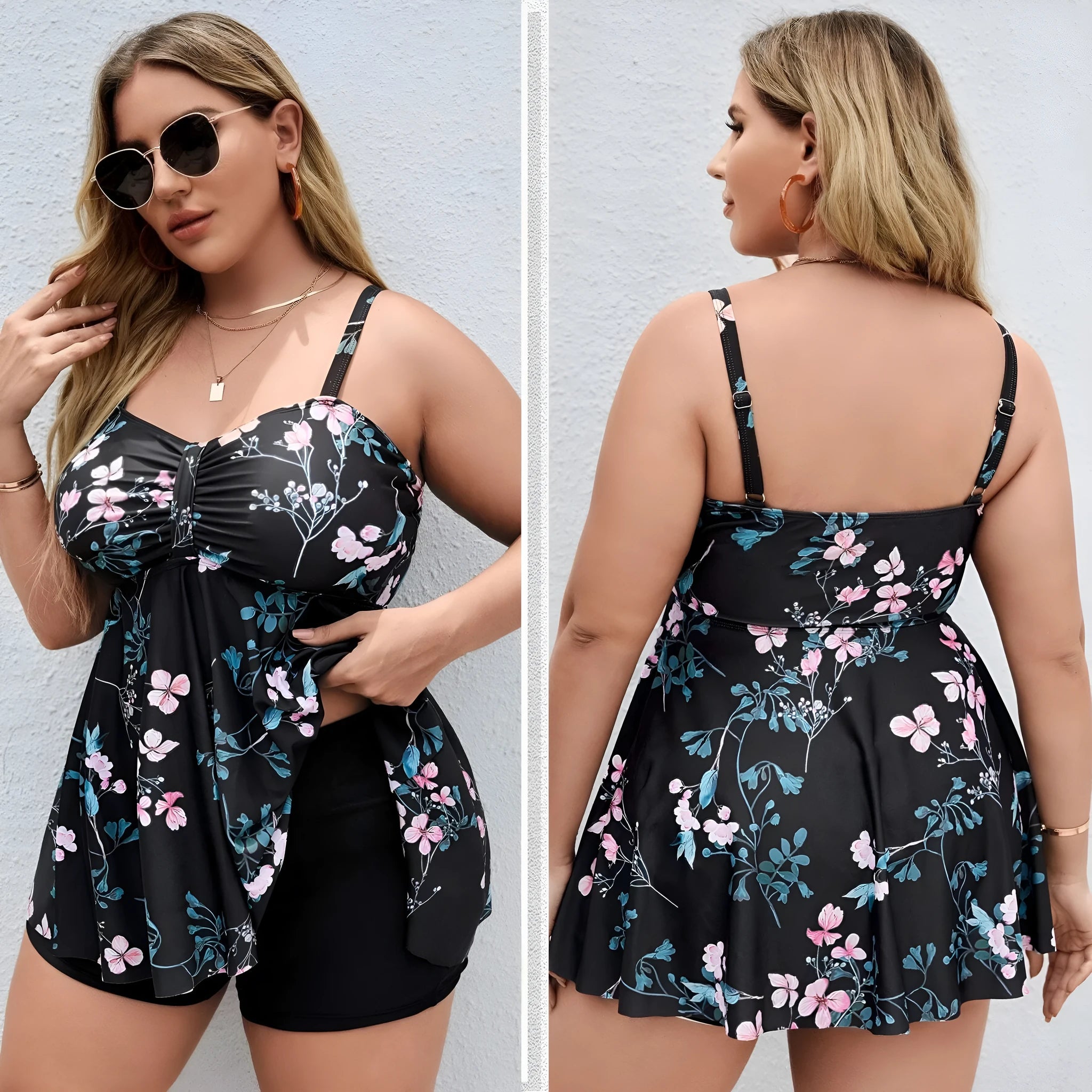 Women's floral print one-piece swimsuit with split colour design on a mannequin.