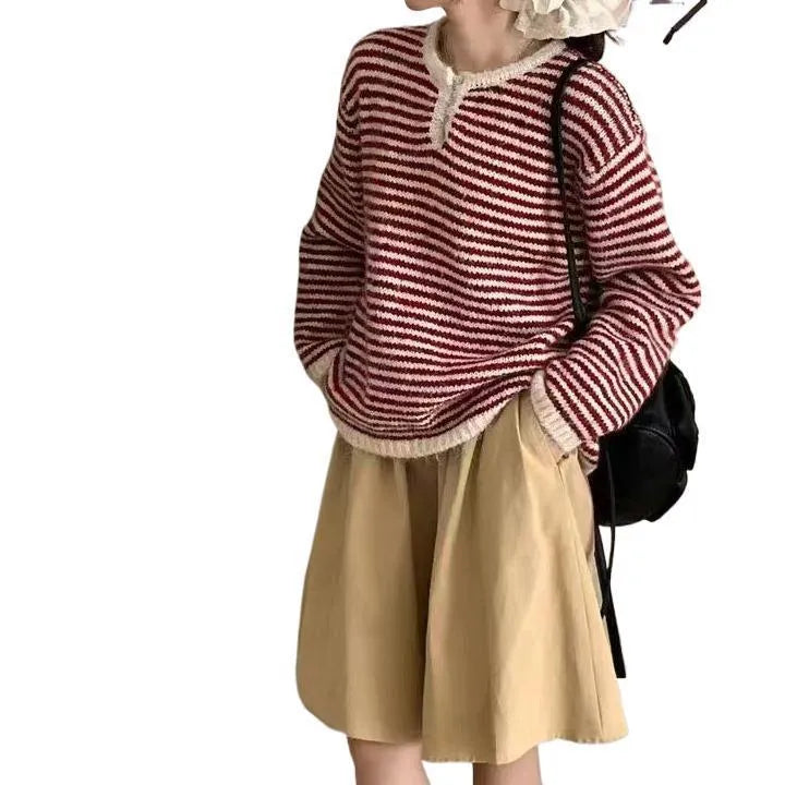 Red and blue striped cashmere pullover sweater for women with loose fit and long sleeves
