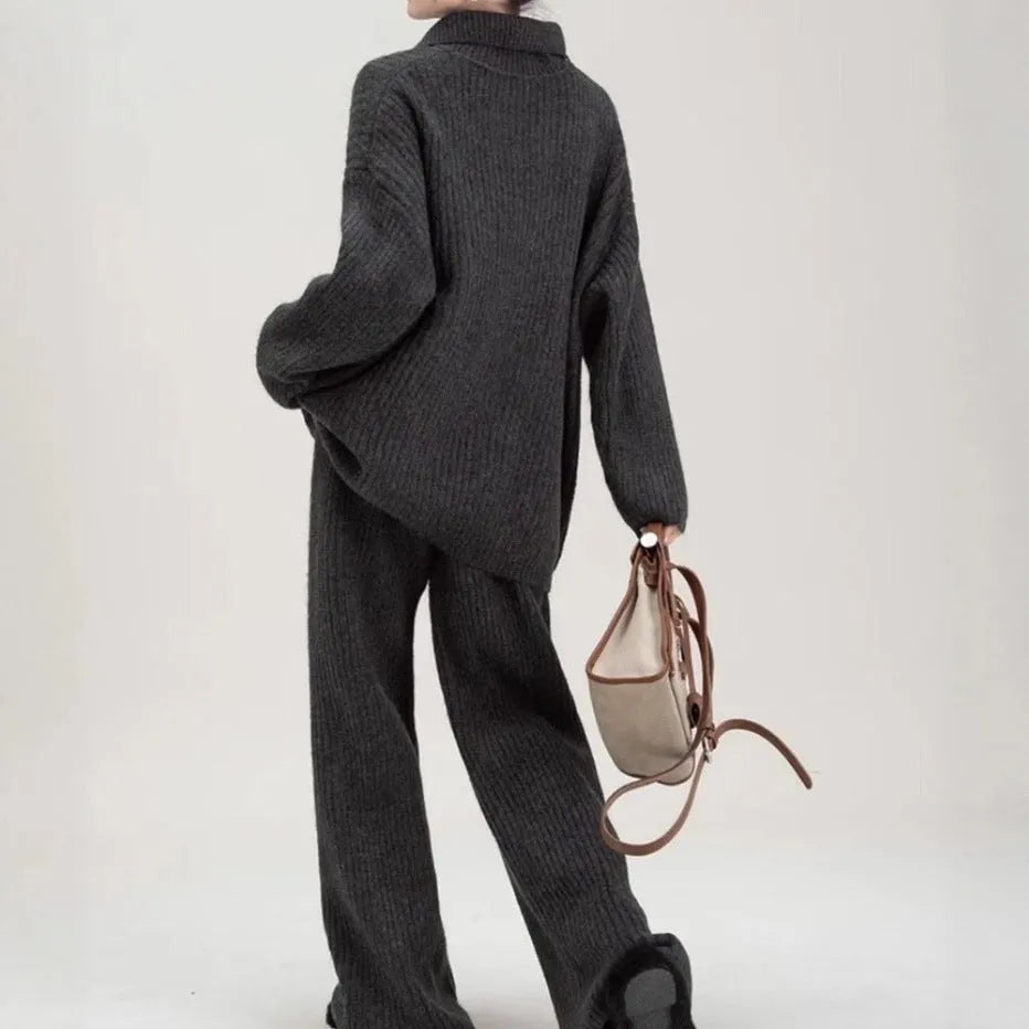 Women's imitation cashmere two-piece sweater set with knitted top and matching trousers in four colour options