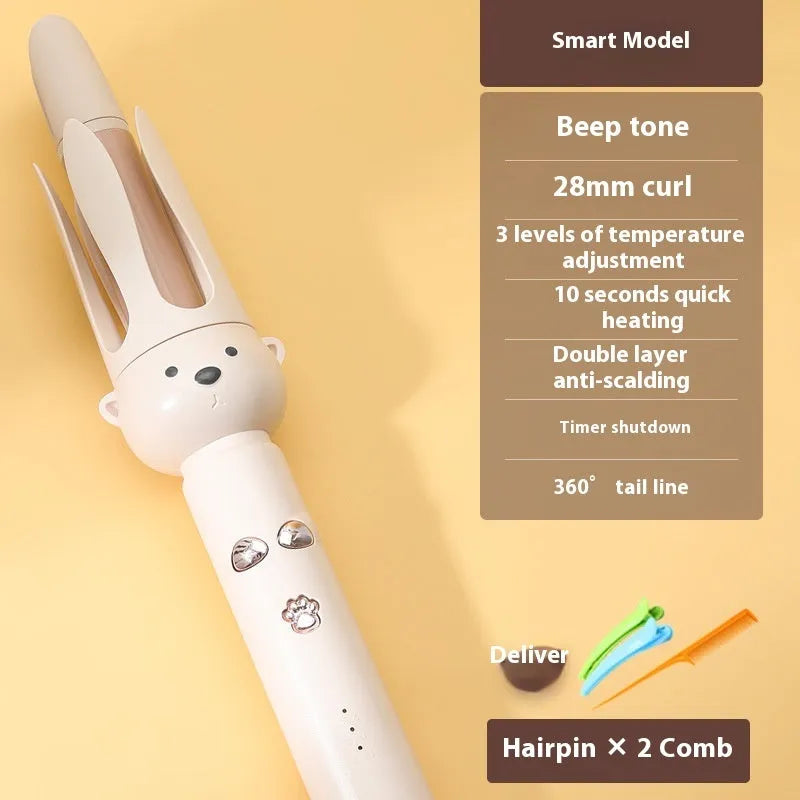 Beige anion automatic hair curler with UK plug on a styling wand.