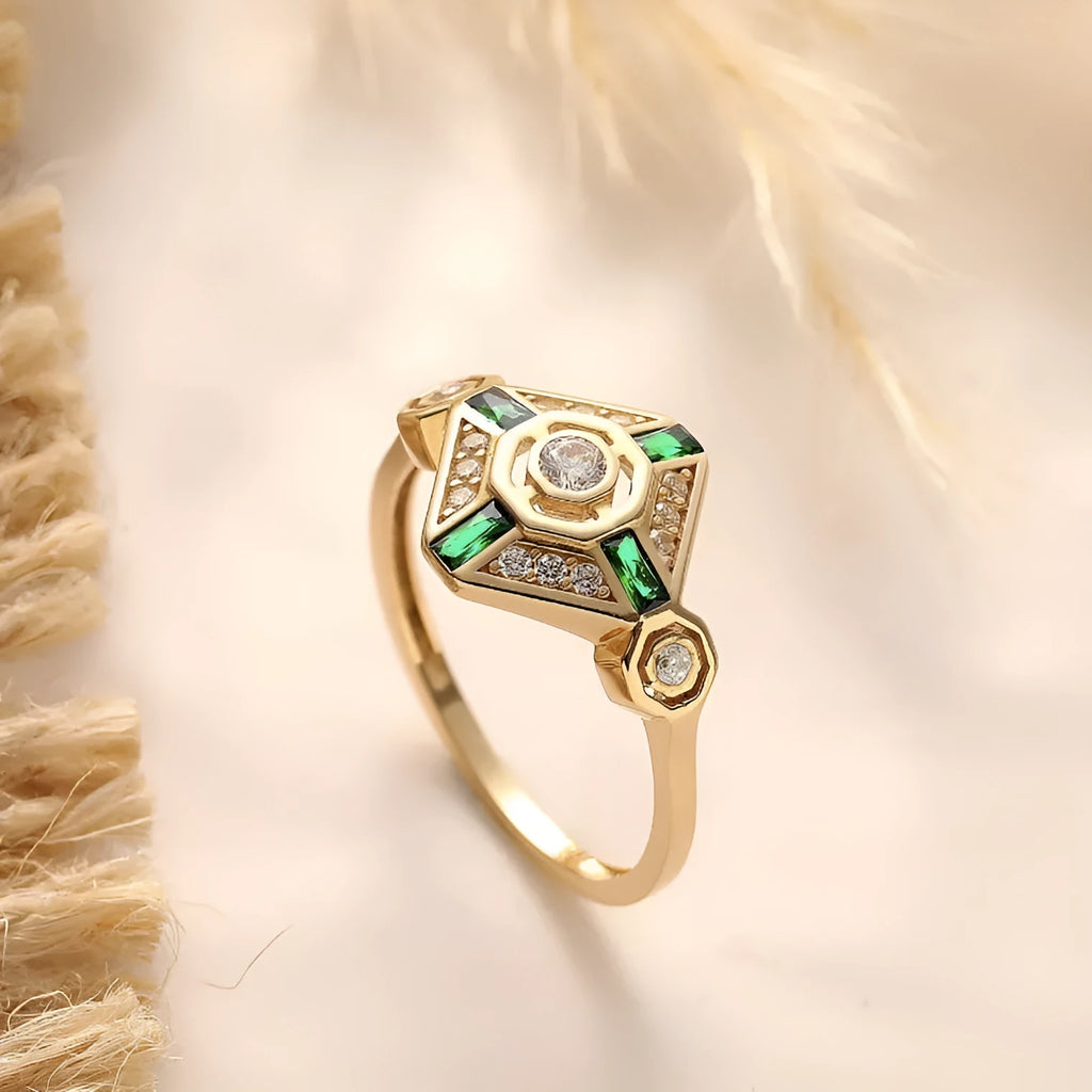Square geometric women's ring with electroplated lvzuan finish showing ins style design