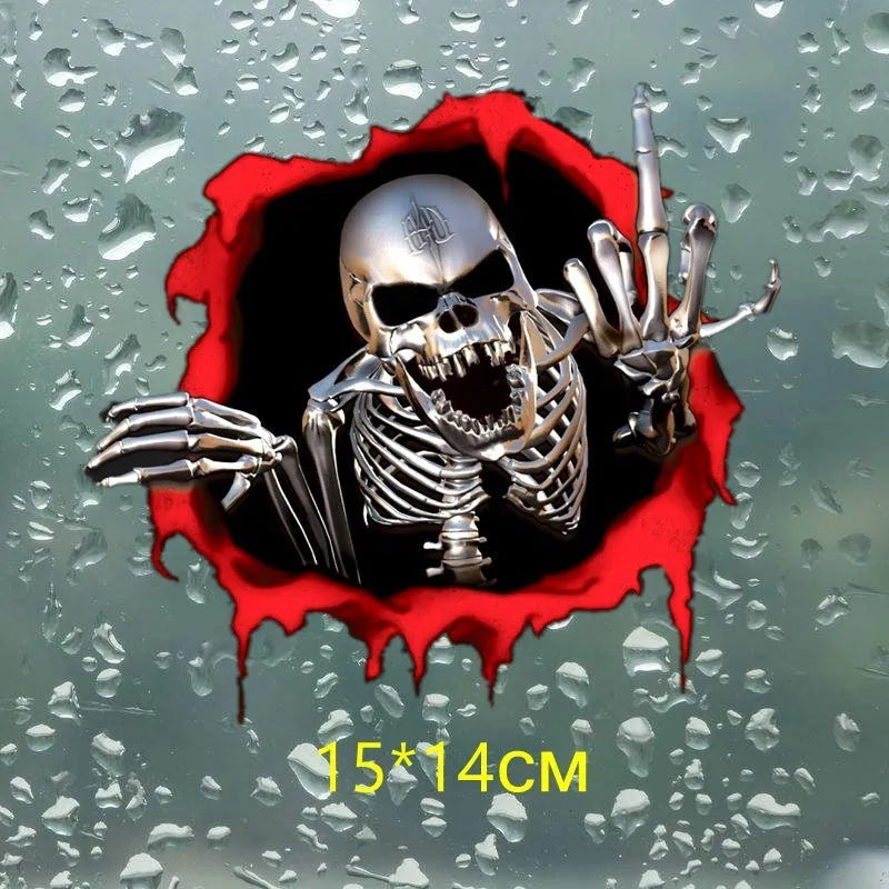 Reflective colourful broken shell metal skull car sticker on PET material, size 15x14cm.