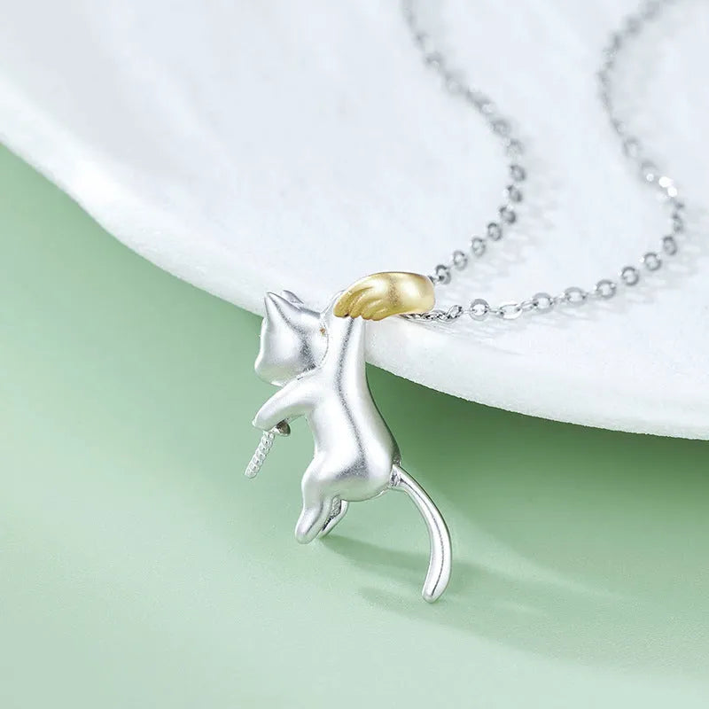 925 sterling silver clavicle necklace with cat charm pendant and pearl bead accents