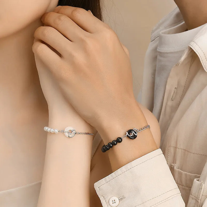 925 sterling silver couple bracelet with obsidian pearl and safe buckle in New Chinese style