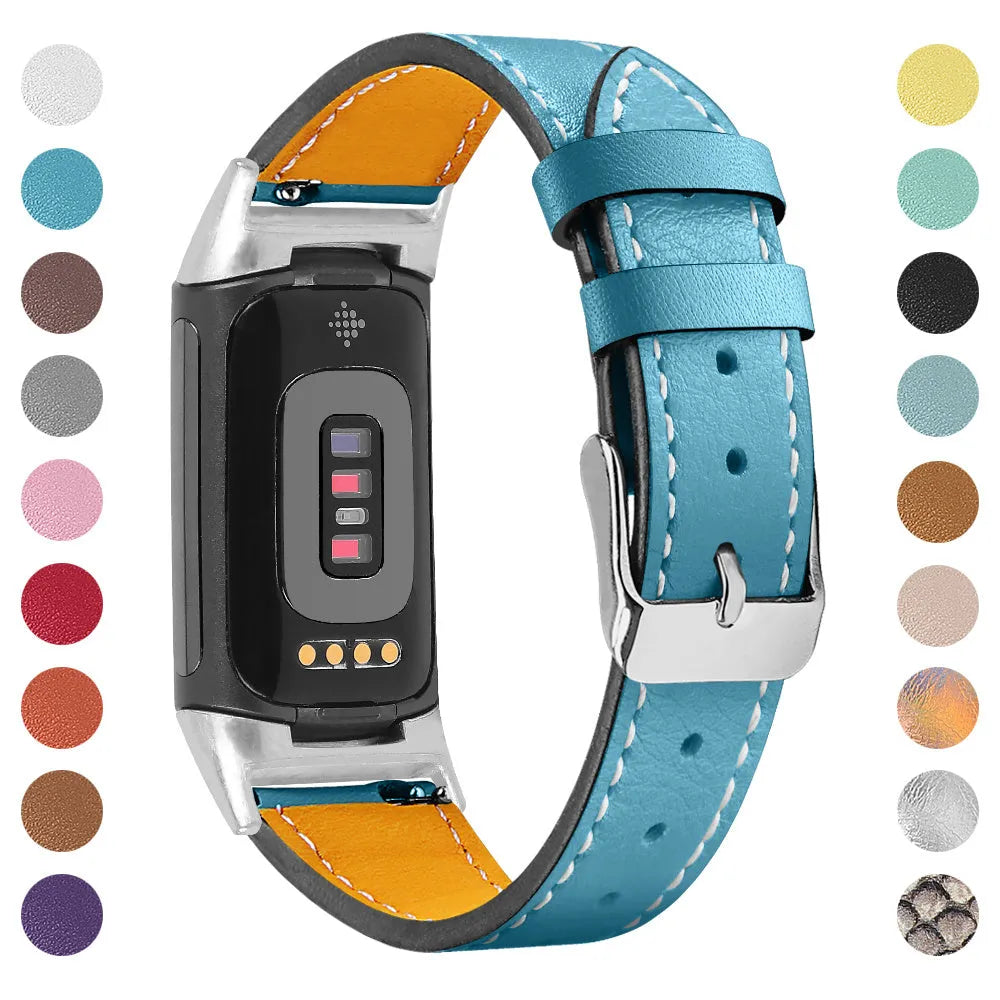 Genuine cowhide leather replacement strap with buckle clasp for Fitbit Charge 5 and Charge 6 smartwatches.