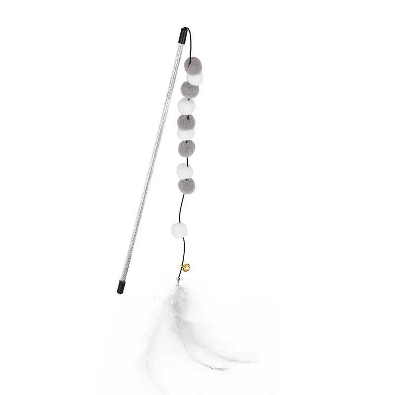 Colourful cat teaser stick with bell, feather, and acrylic pom-pom attachments on 31cm stick