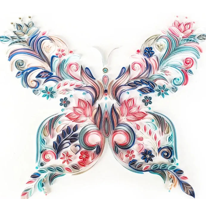 20 inch handmade quilled paper butterfly wall decoration in blue or pink with craft tools
