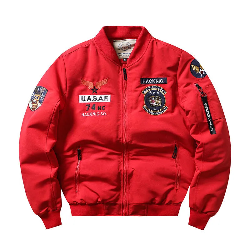 Men's retro Harley motorcycle cotton-padded coat with stand collar and embroidery in solid colour